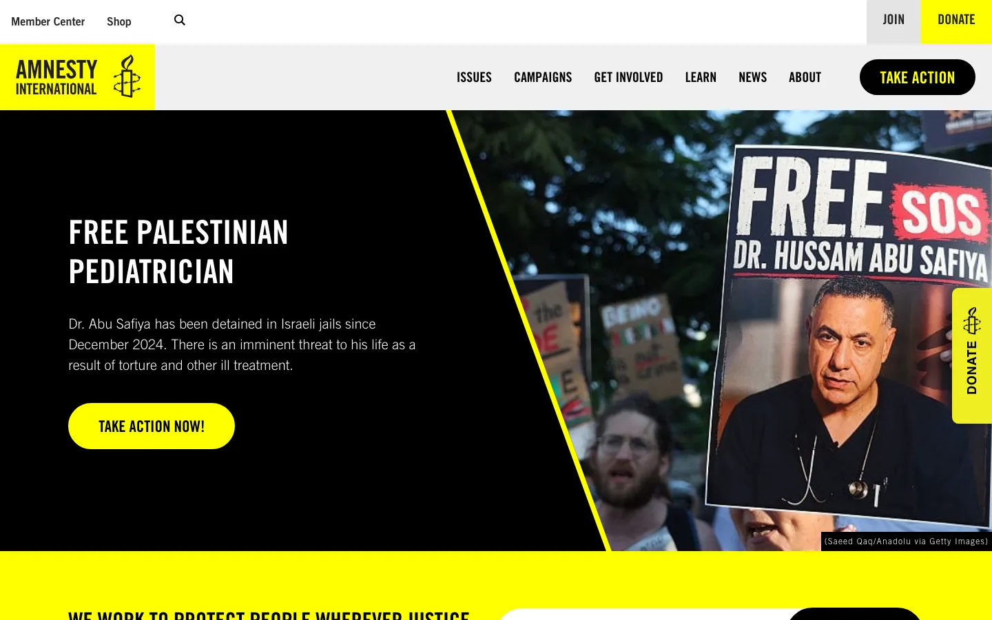 Screenshot of the Amnesty International USA homepage with a bold black and yellow brand system and a campaign photo