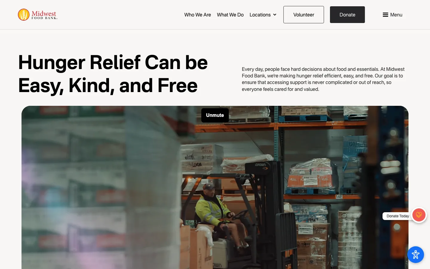 Screenshot of the Midwest Food Bank homepage with the headline Hunger Relief Can Be Easy, Kind, and Free over warehouse video footage