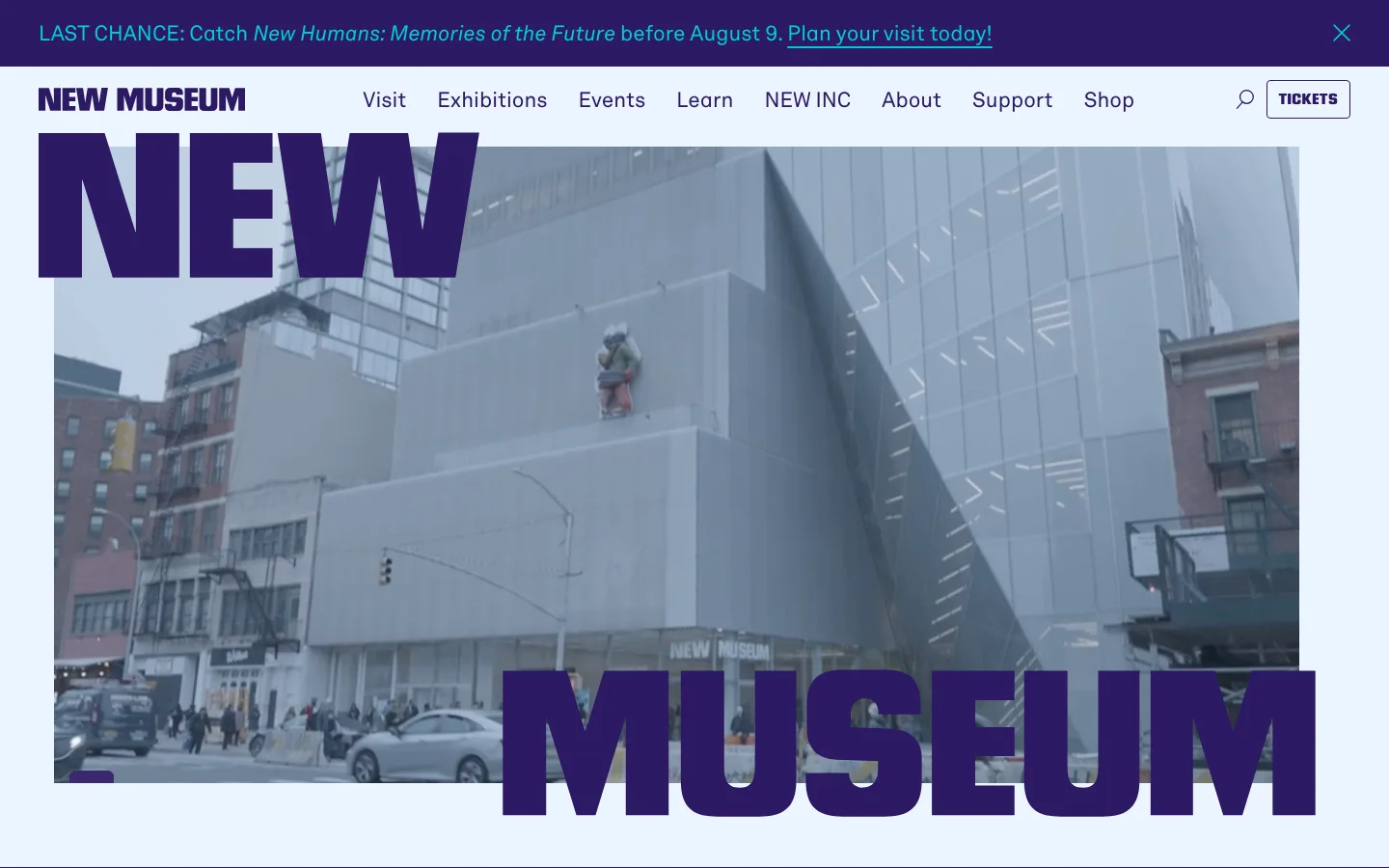 Screenshot of the New Museum homepage with oversized overlapping wordmark typography over an architectural photo