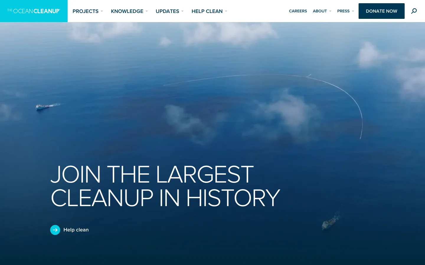 Screenshot of The Ocean Cleanup homepage with full-bleed aerial ocean footage and the headline Join the Largest Cleanup in History