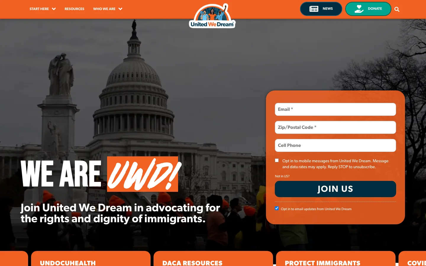 Screenshot of the United We Dream homepage with a documentary photo of a Capitol protest and an embedded signup form