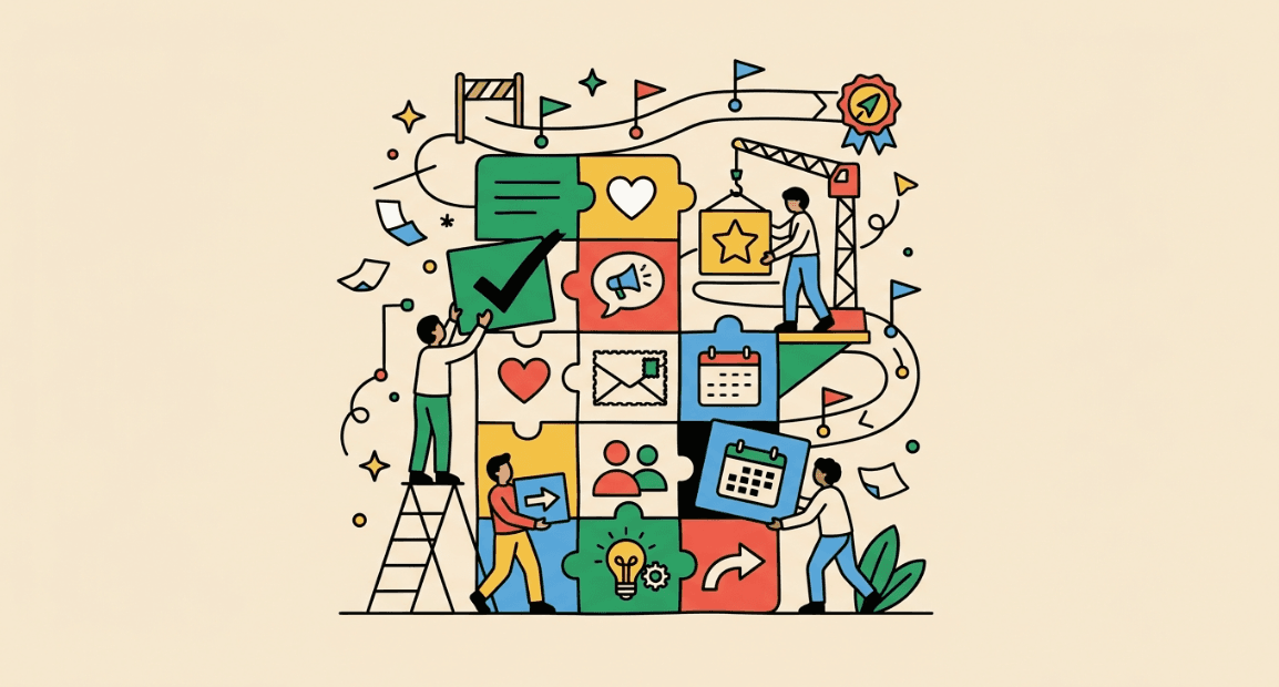 Team assembling a modular nonprofit digital stack from puzzle-piece features