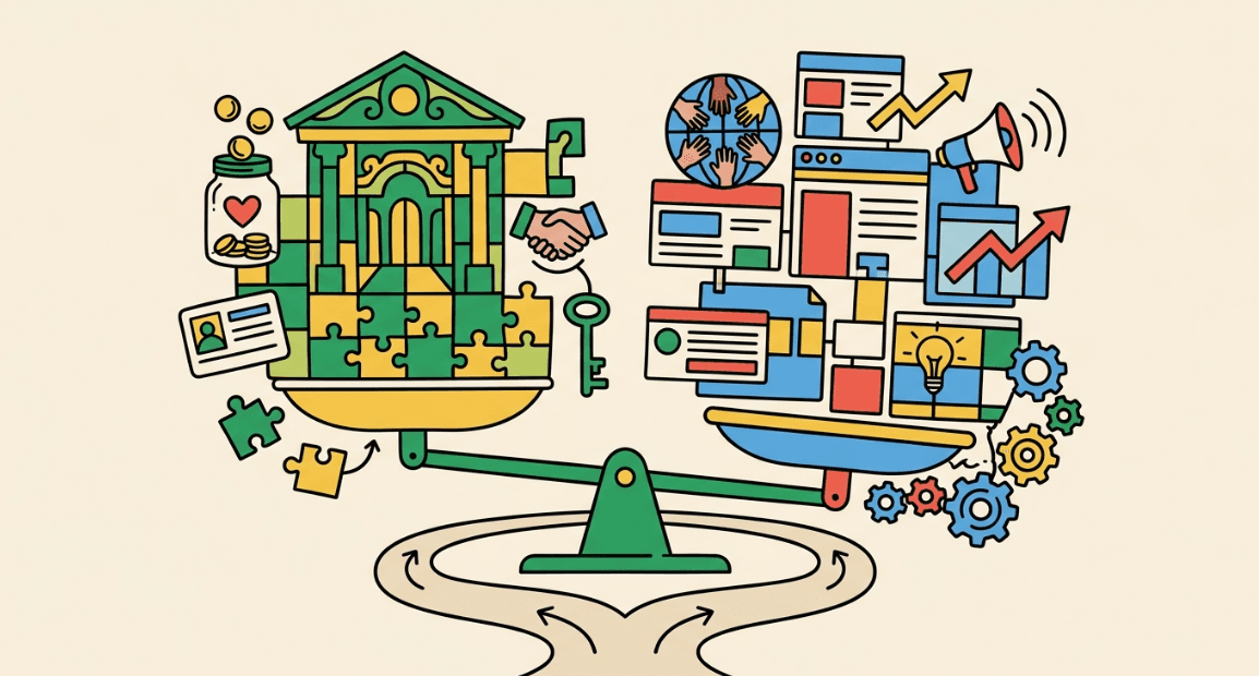 Balance scale weighing institutional systems against digital growth tools