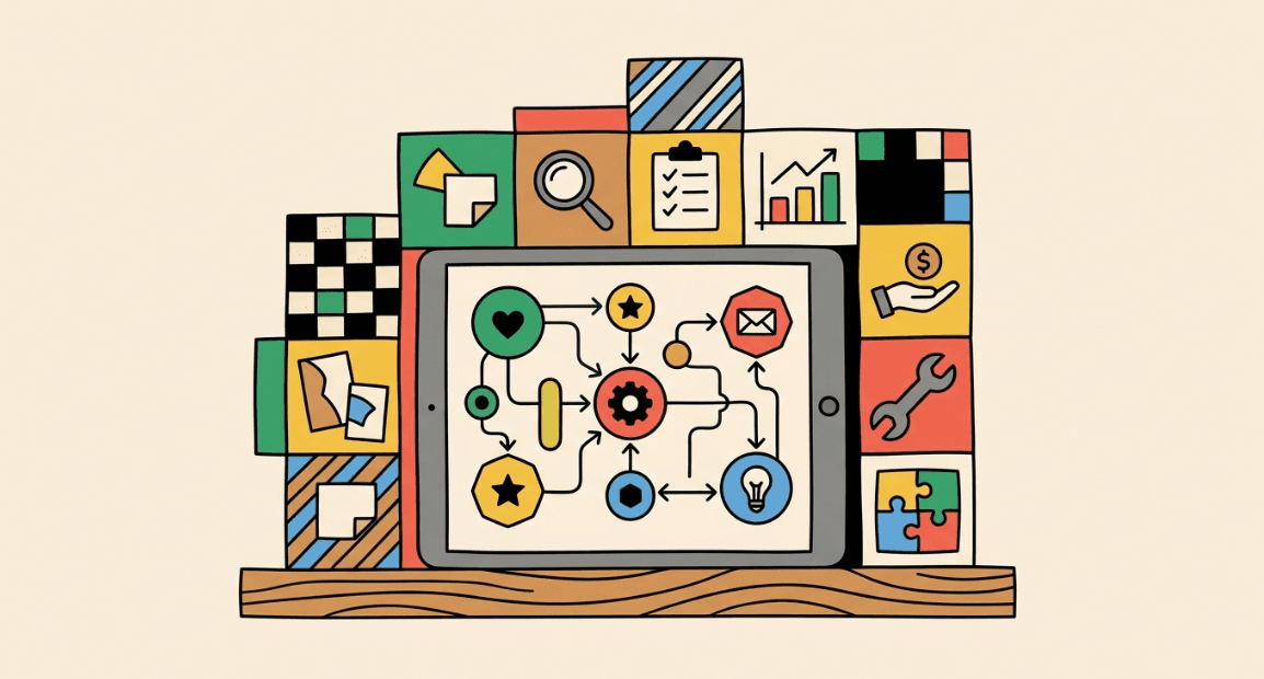 Tablet showing CRM workflows surrounded by analytics and ops tiles