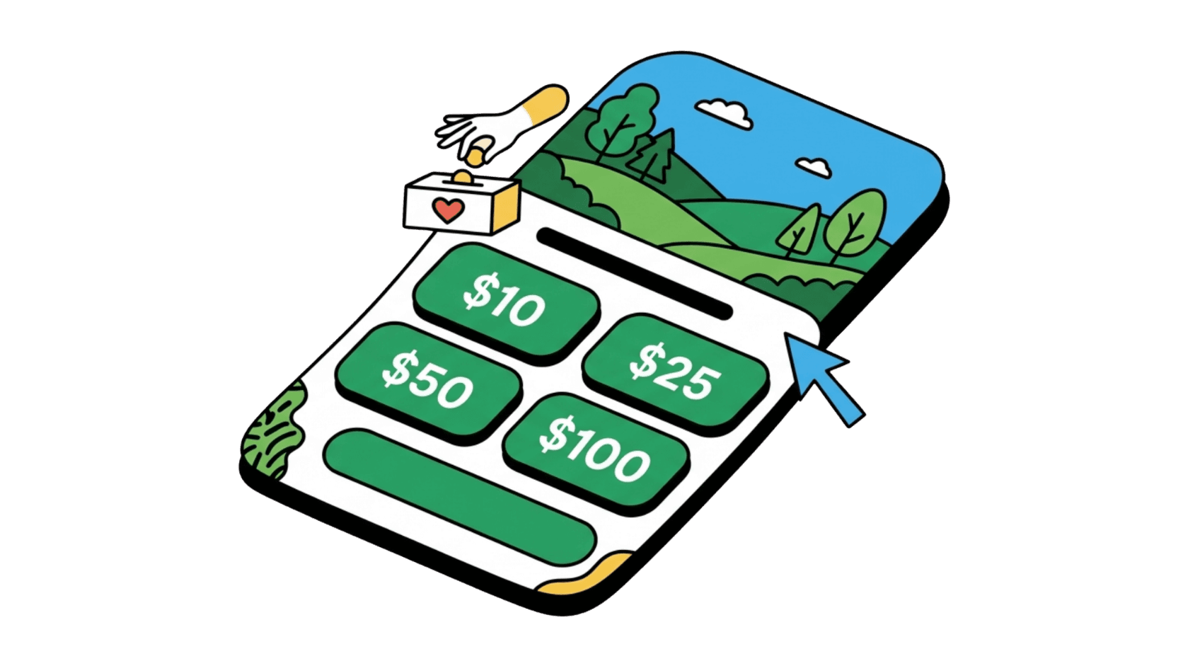 Illustrated donation interface with gift amount buttons and a giving landscape