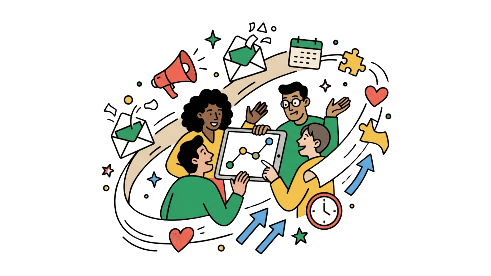Team collaborating around shared digital marketing and automation tools