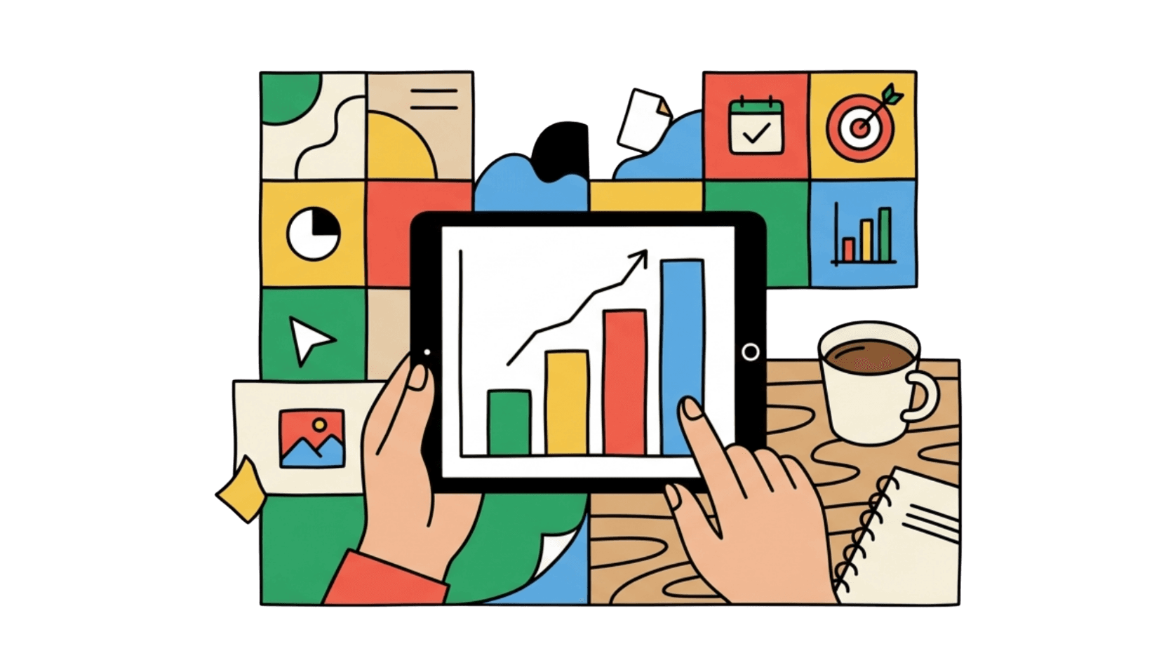 Hands reviewing analytics charts on a tablet at a desk