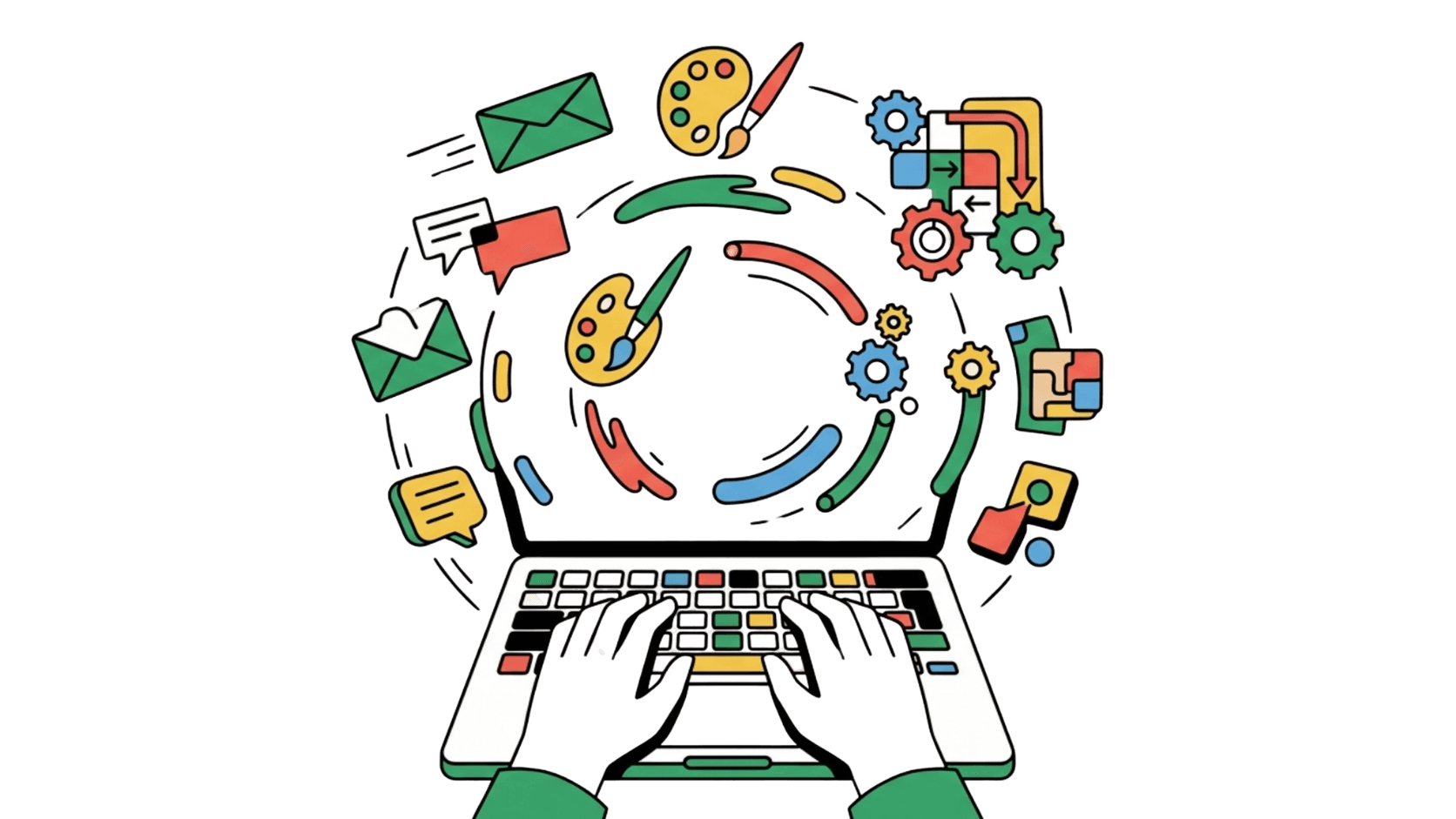 Creative tools and design systems orbiting a laptop workspace