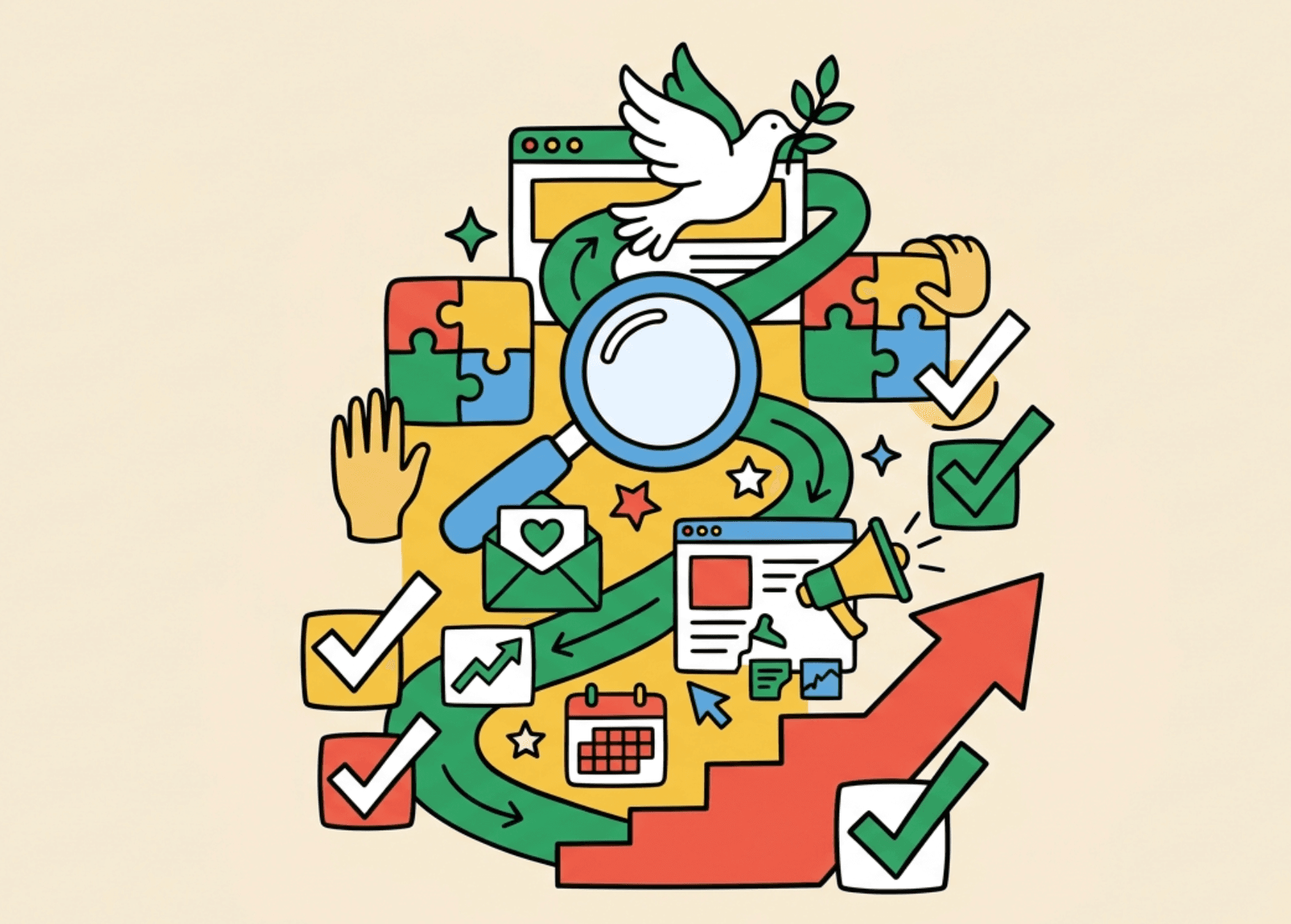 Illustration of a magnifying glass, checklist, and growth icons representing a guided evaluation process