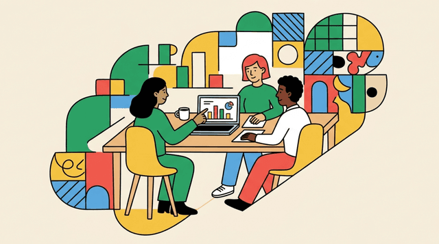 Illustration of three people collaborating around a laptop with charts and reports, representing the diverse teams CauseHouse works with