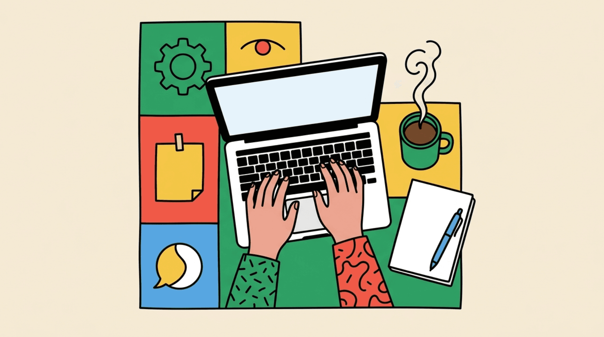 Illustration of hands typing an RFP document on a laptop, with a notebook and pen nearby