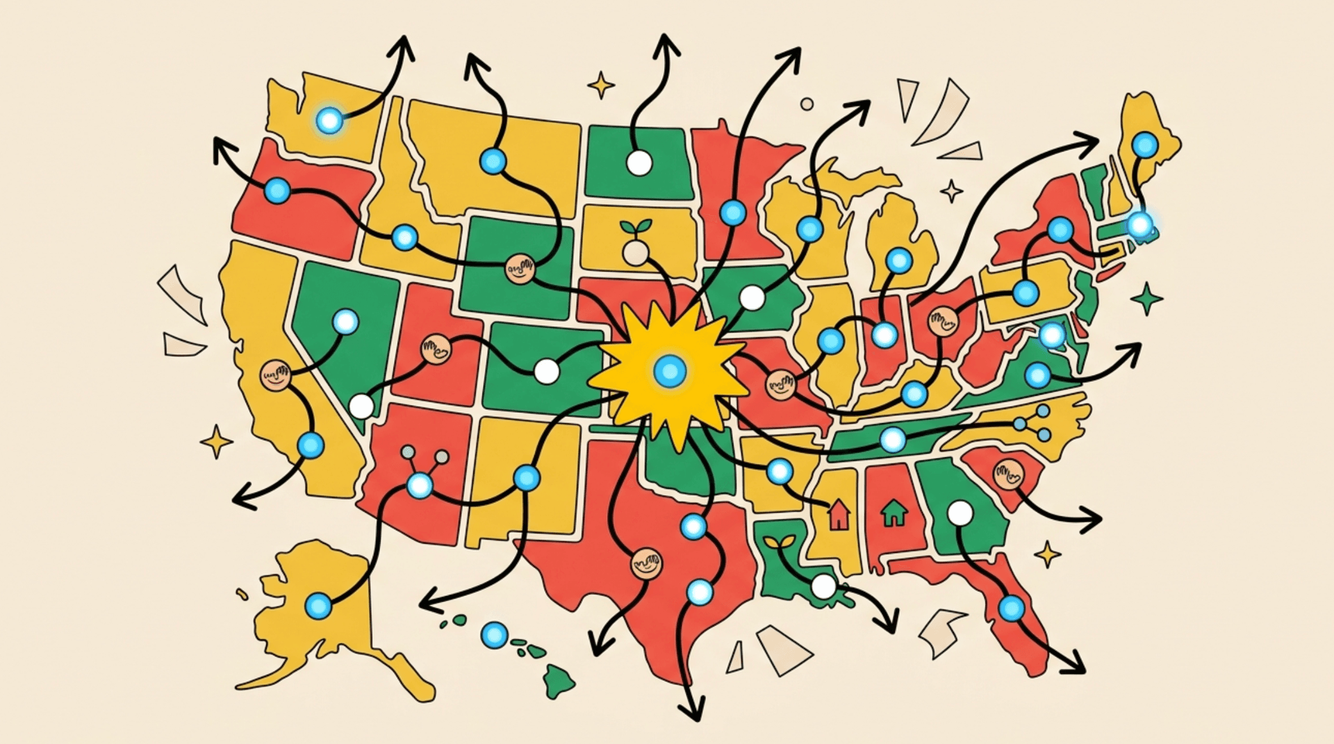 Illustration of a US map with connected network nodes, representing data moving between systems