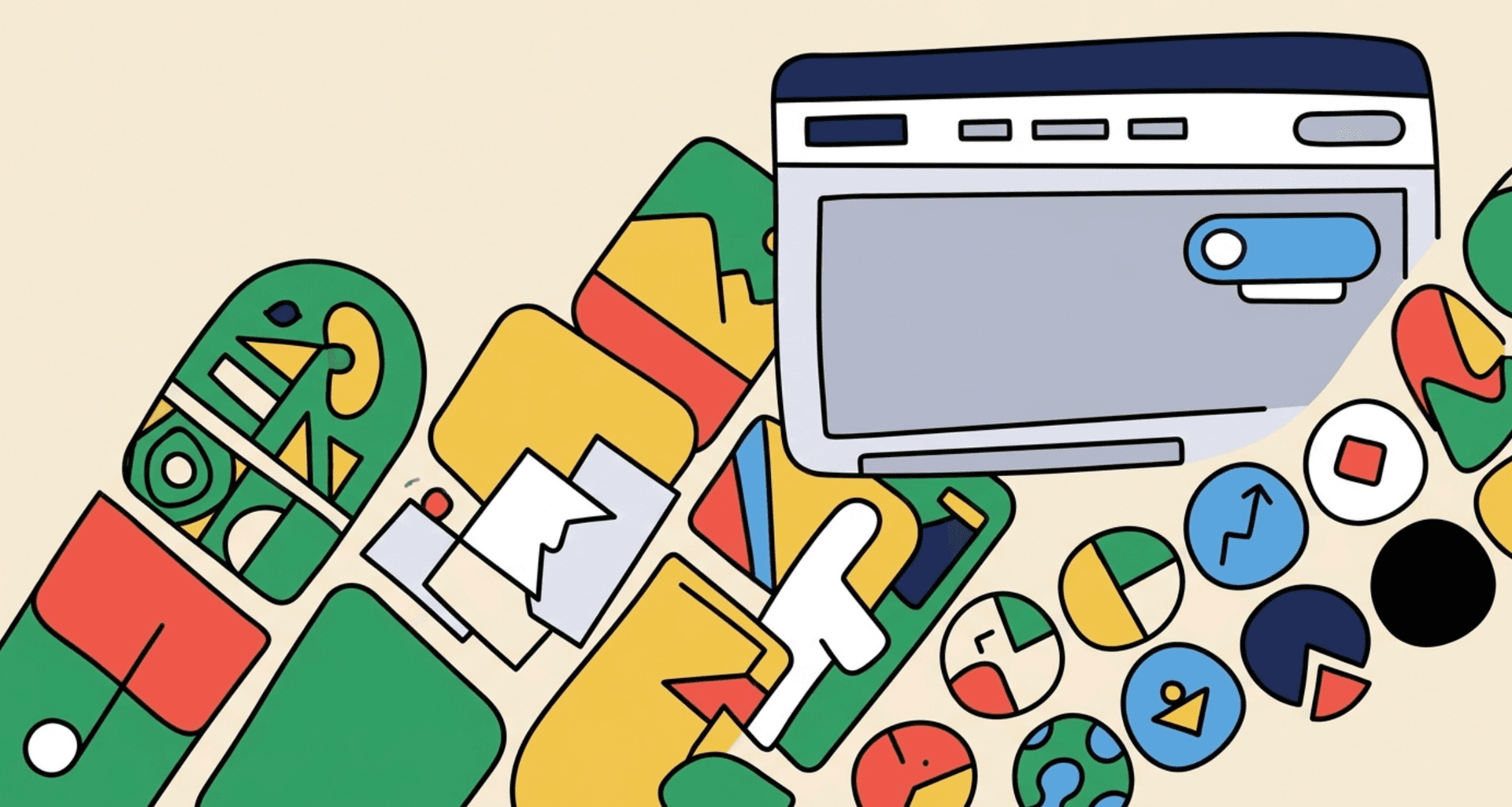 Illustration of a browser window with budget and analytics dashboard widgets