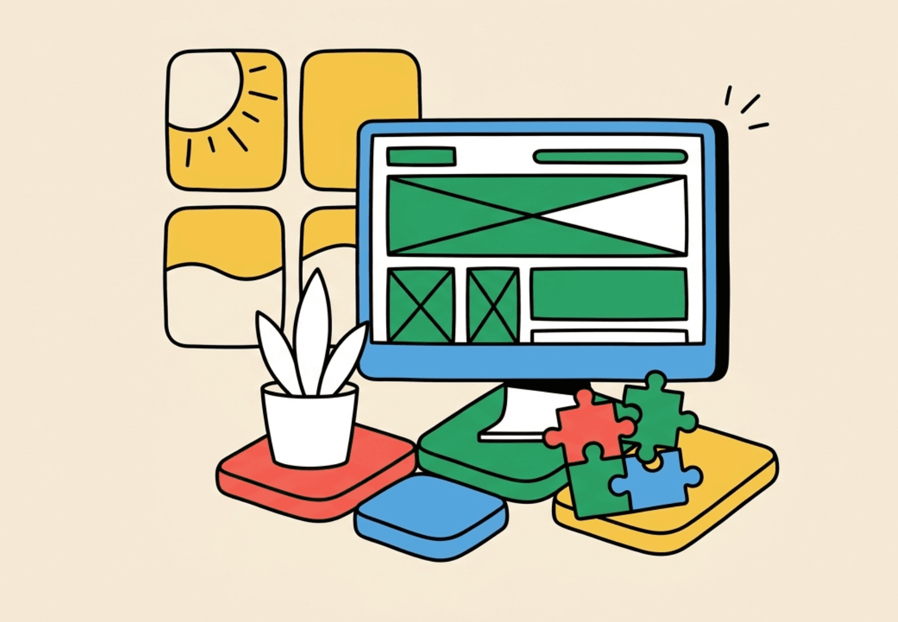 Illustration of a website wireframe on a monitor surrounded by puzzle pieces, representing structured requirements