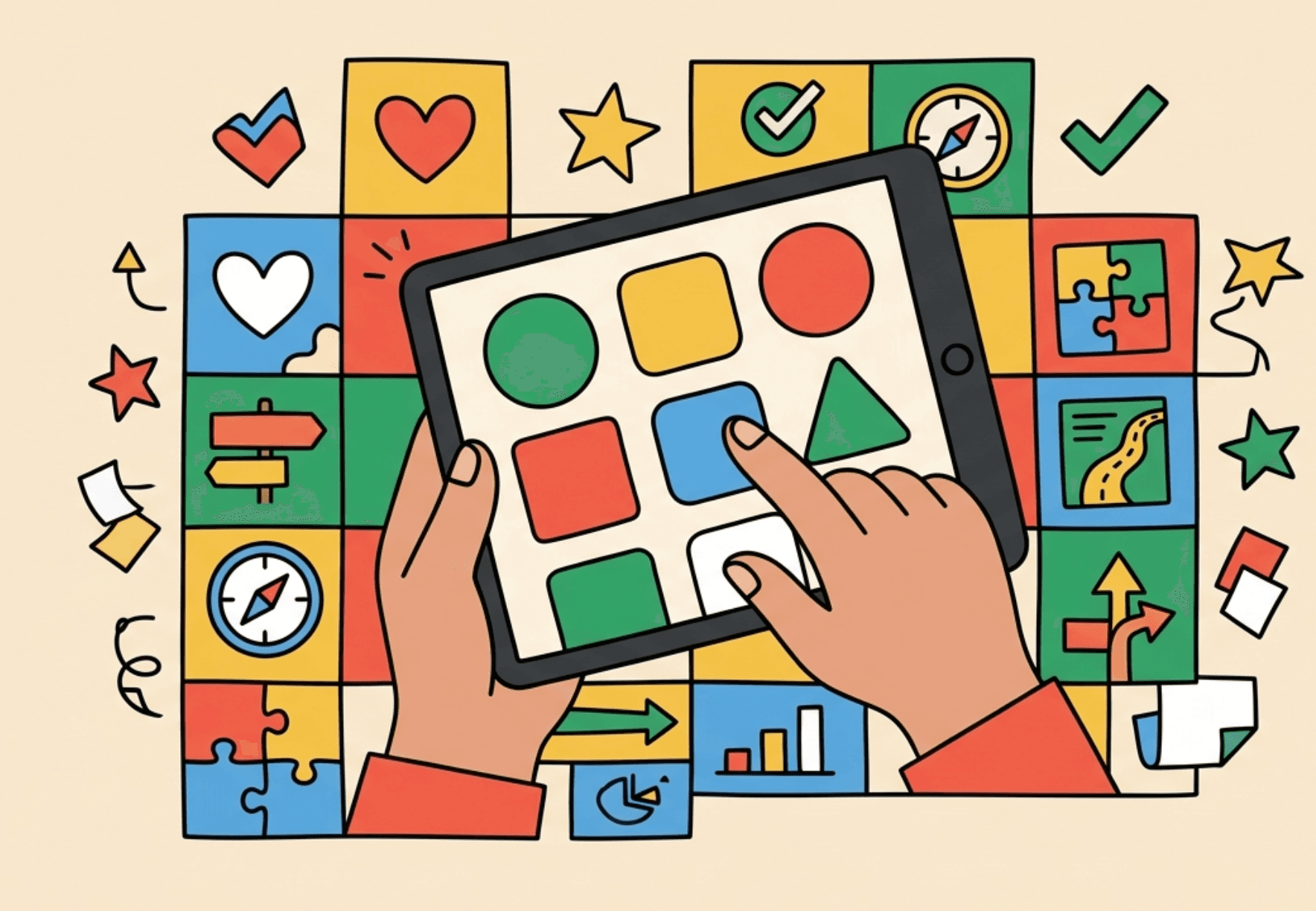 Illustration of hands selecting options on a tablet interface, representing a guided self-assessment