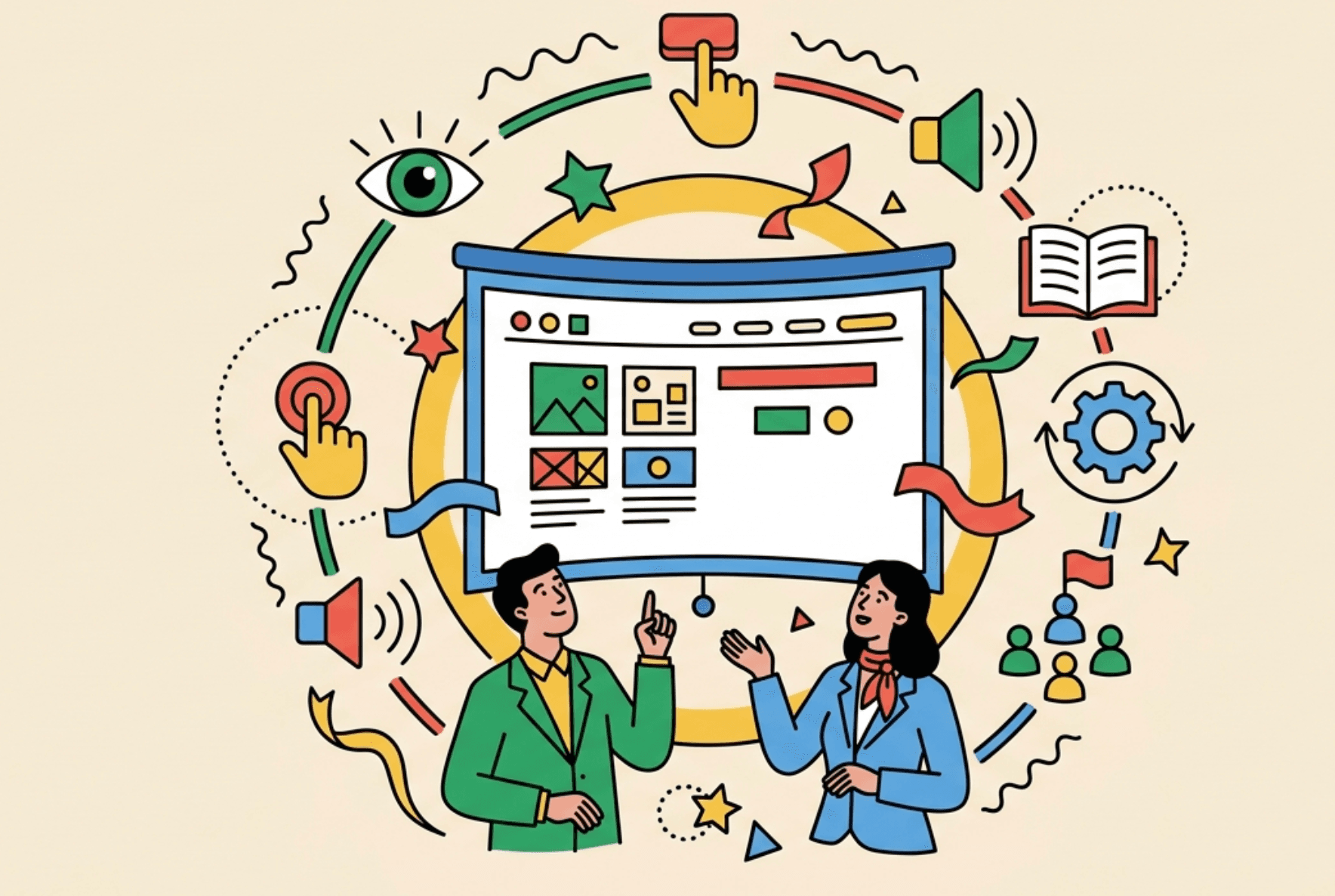 Illustration of two people reviewing a website layout on a large screen, representing a design critique session