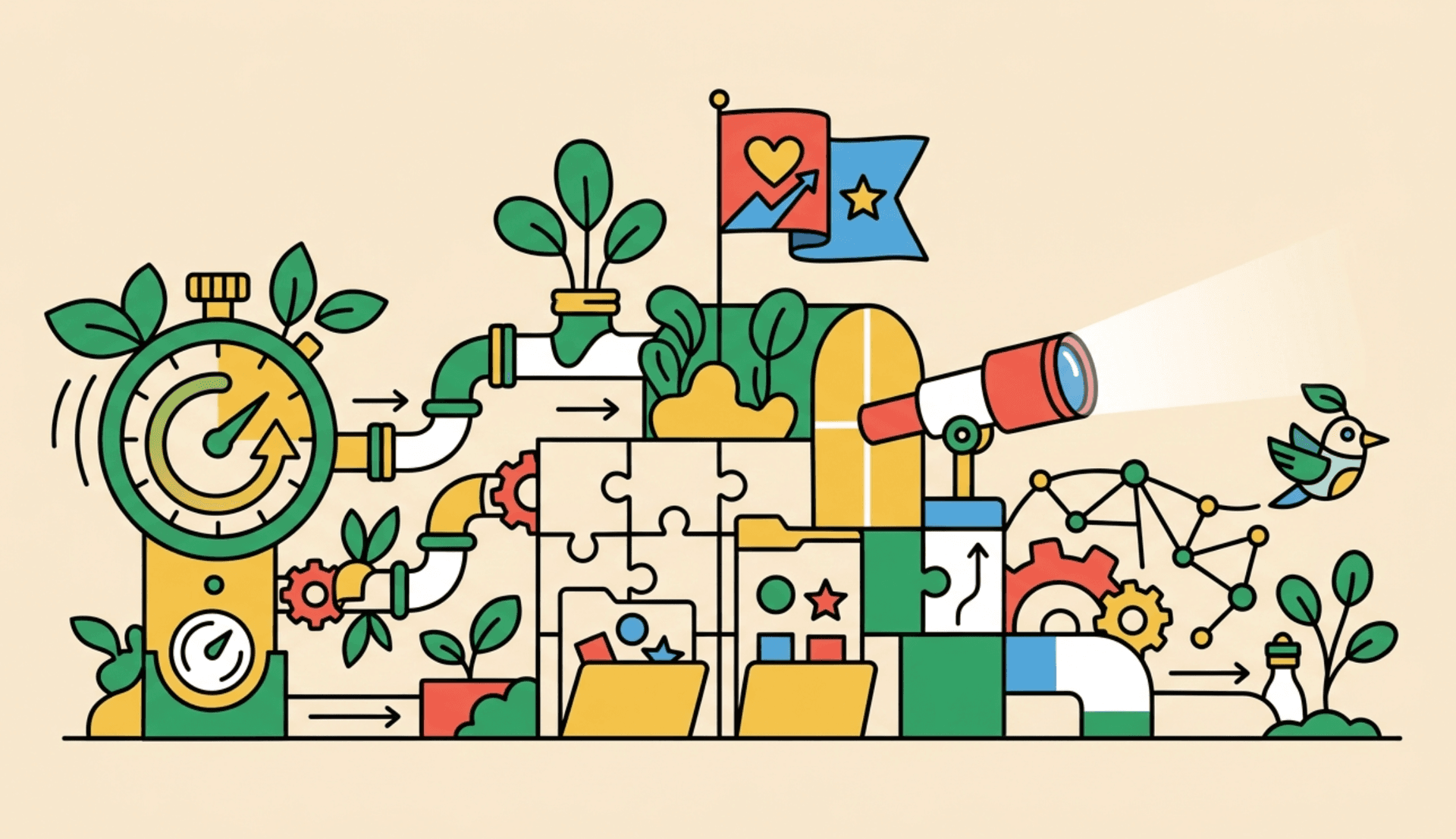 Illustration of a gauge, pipeline, and growth icons representing budget allocation across project stages