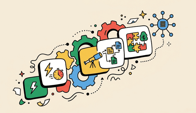 Illustration of a workflow chain moving through stages toward a connected network, representing connected services