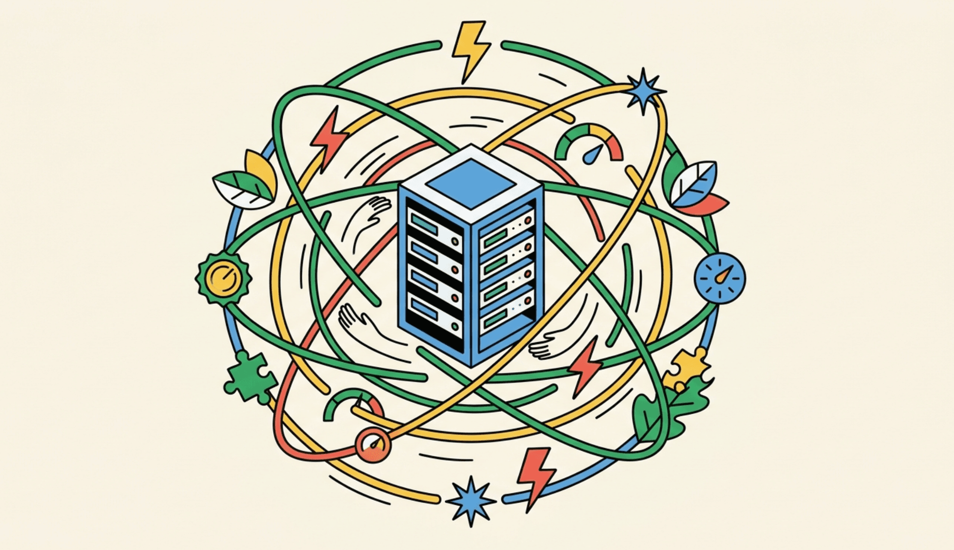 Illustration of a database server surrounded by data, sync, and quality-control icons