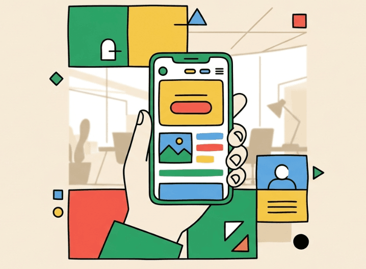 Hand holding a phone with a structured website layout