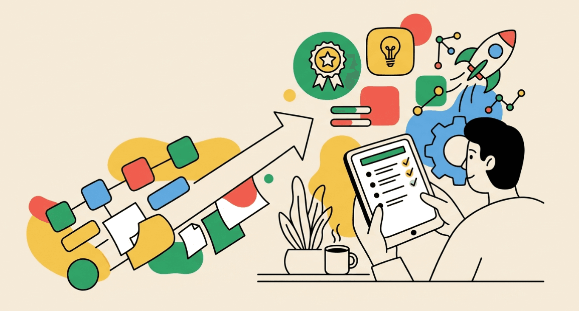 Person reviewing a prioritized checklist while a growth roadmap lifts upward