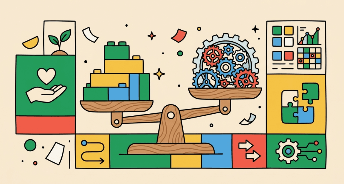 Balance scale comparing simple building blocks with complex interlocking gears