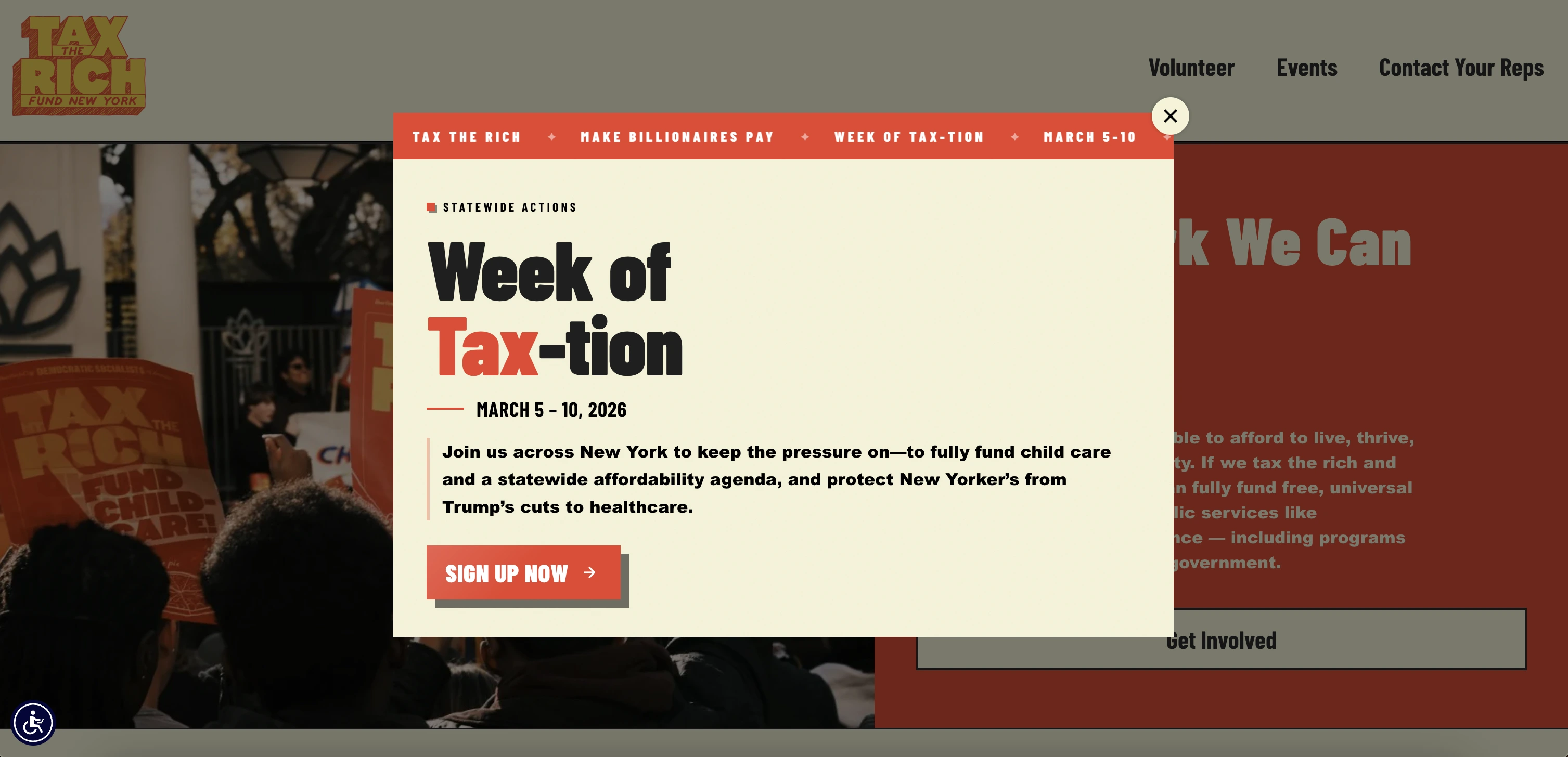 Tax The Rich NY – homepage hero with newsletter popup